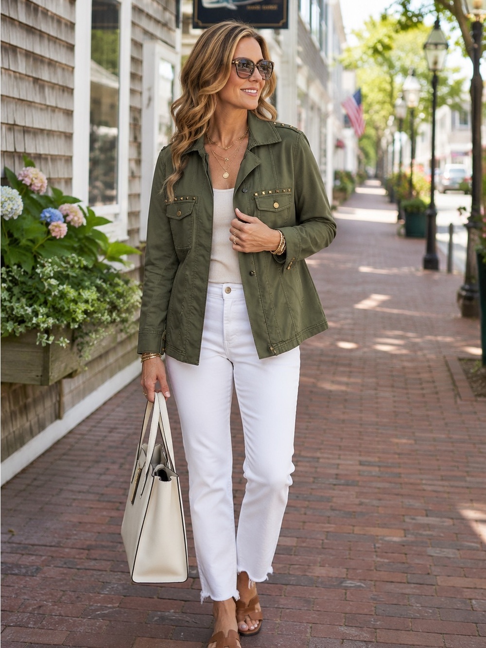 White House Black Market Olive Green Studded Utility Jacket | Military Style